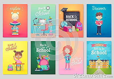 Back to School card set, school kids, chalkboards, equipment. Vector Illustration