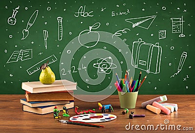 Back to school chalkboard and color pencils Stock Photo