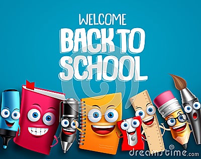 Back to school characters set vector background design with colorful funny educational cartoon Vector Illustration