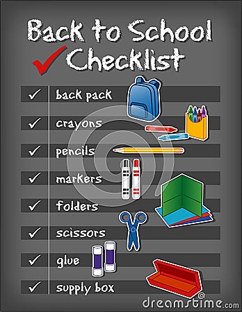 Back to School Checklist, Supplies, Chalkboard Background Vector Illustration