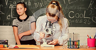 Back to school. School classes. Girls study chemistry in school. Biology and chemistry lessons. Theory and practice Stock Photo