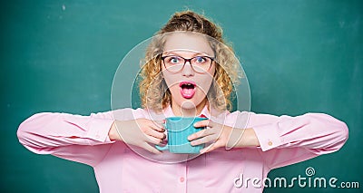 Back to school. Coffee addicted. Energy charge for whole day. Dose of caffeine. Teacher eyeglasses drink coffee Stock Photo