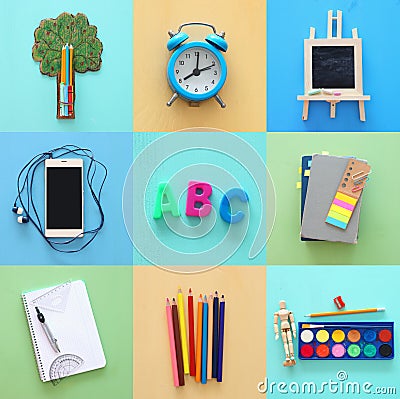 Back to school collage concept. school objects and supply. Stock Photo