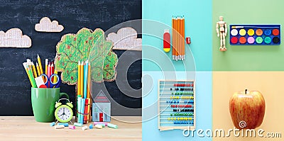 Back to school collage concept. school objects and supply with classroom blackboard. Stock Photo