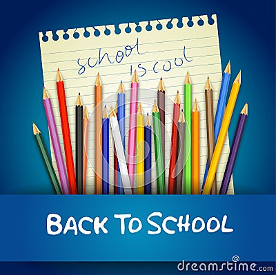 Back to school with colored pencils on notebook paper Vector Illustration