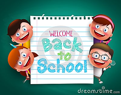 Back to school colorful text written in paper with funny kids vector characters Vector Illustration