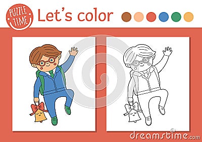 Back to school coloring page for children. Cute funny schoolboy with bell. Vector classroom outline illustration. Autumn color Vector Illustration