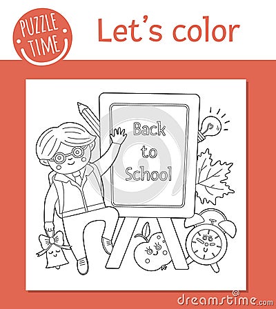 Back to school coloring page for children. Cute funny schoolboy standing near chalkboard. Vector classroom outline illustration. Vector Illustration