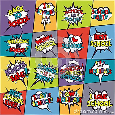 Back to School in comic speech bubbles Vector Illustration