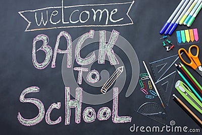 Back to School concept on the black floor top view Stock Photo