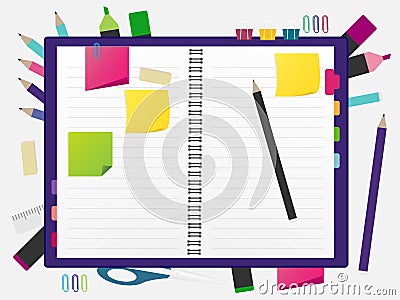 Back to school concept. Blank notebook over school and office supplies on office table. Top view with copy space. Vector Illustration