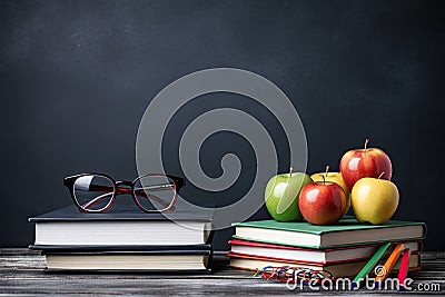 Back to school concept with books, glasses and apple on blackboard background, Glasses teacher books and a stand with pencils on Stock Photo