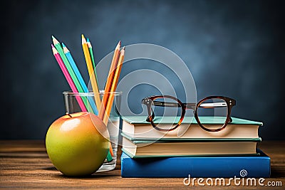 Back to school concept with books, glasses and apple on wooden table, Glasses teacher books and a stand with pencils on the table Stock Photo
