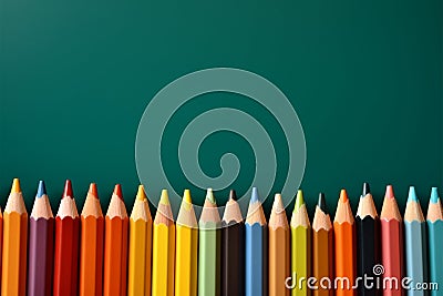 Back to school concept with bright pencils on a green chalkboard background Stock Photo