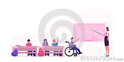 Back to School Concept with Children and Teacher. Young Woman and Disabled Boy in Wheelchair near Blackboard Vector Illustration