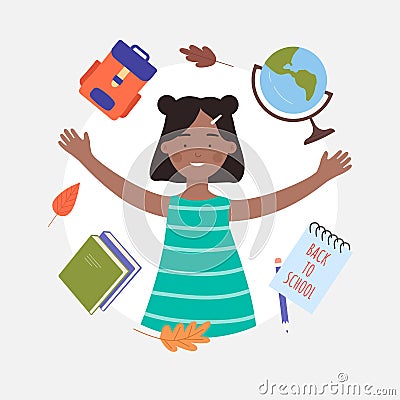 Back to school concept with happy afro black girl student, avatar portrait of young schoolgirl pupil Vector Illustration