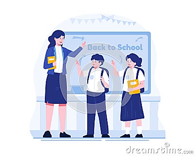 Back to School illustration. A Female Teacher welcomes students into the class Vector Illustration