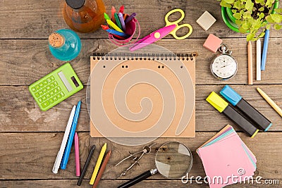 Back to school concept - school supplies on the wooden desk Stock Photo