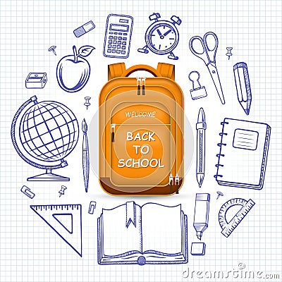 Back to school concept. Schoolbag with the set of doodle icons of school supplies. Vector illustration Vector Illustration