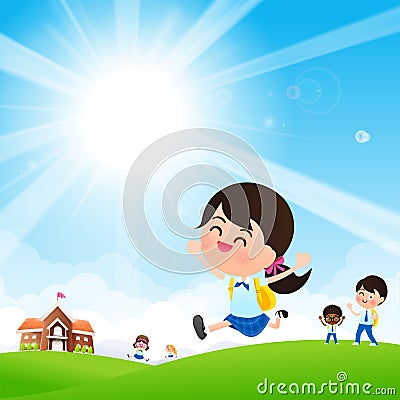 Back to School concept Student kids jumping and running with ha Vector Illustration