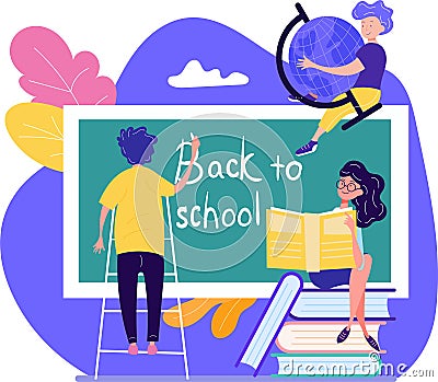 Back to School concept with three young students writing the text Vector Illustration