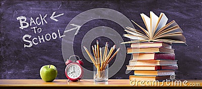 Back To School Concept - Time To Study - Apple and pencils With Stack Books Stock Photo