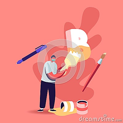 Back to School during Coronavirus Quarantine. Schoolboy Character Wearing Medical Mask Painting with Brush Huge Letter B Vector Illustration