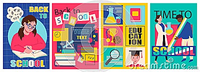 Back to school cover brochure set in trendy flat design. Poster templates Vector Illustration