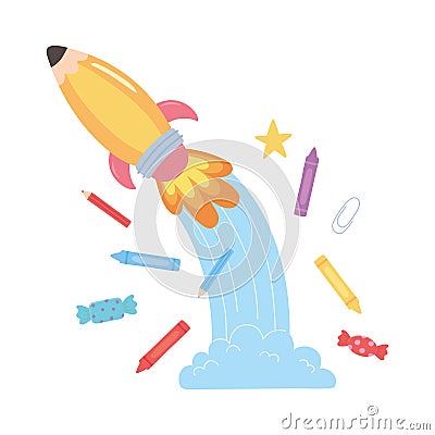 Back to school, crayons pencils and rocket education cartoon Vector Illustration