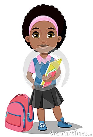 Back to school. Cute Afro-American girl with books in casual clothes stands near schoolbag Vector Illustration