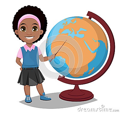 Back to school. Cute Afro-American girl points to the globe with Vector Illustration