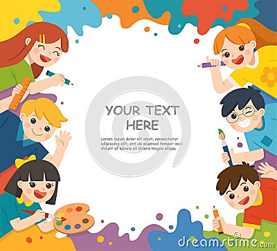 Back to School. Cute children have fun and ready to get painting together. Template for advertising brochure. Vector Illustration