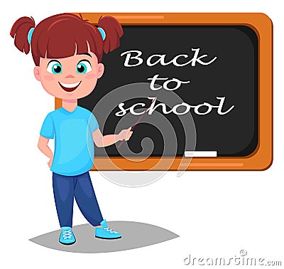 Back to school. Cute girl standing near blackboard. Pretty little schoolgirl. Vector Illustration