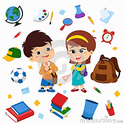 Back to school. Cute kids standing with object school such as pencil , bag,clock,book,globe,ball,glass,bin Vector Illustration