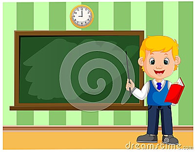 Back to school. Cute schoolchild at the blackboard to presentation Vector Illustration