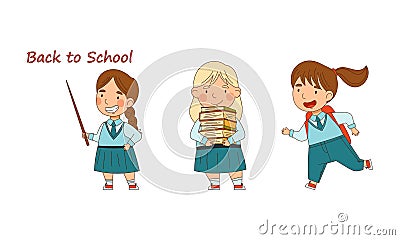 Back to school. Cute schoolgirls in blue uniform going to school cartoon vector illustration Vector Illustration