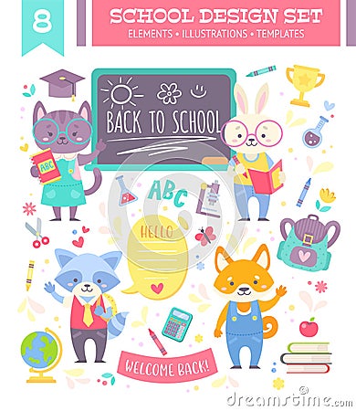 Back to school design set with animals Vector Illustration