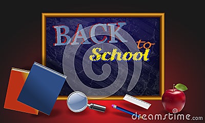 Back to school, school design tool. Apple, magnifying glass, notebooks and a pencil on the background of a school board. Vector Illustration