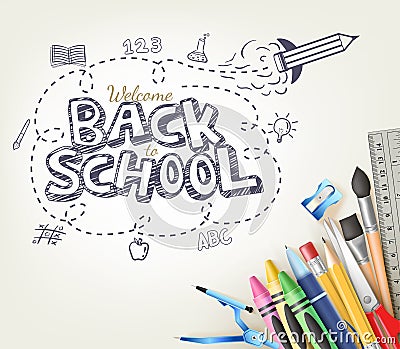 Back to School Doodle concept in white background with School Items Vector Illustration