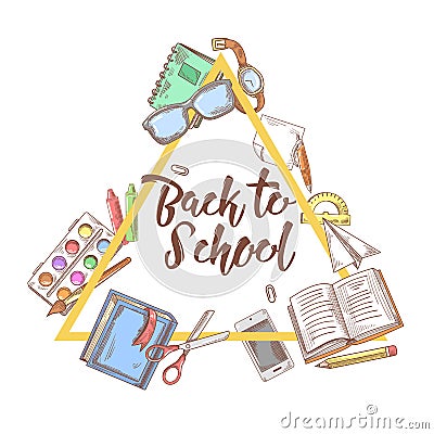 Back to School Doodle. Education Concept. Hand Drawn Set with Books, Notebook and Pen Vector Illustration