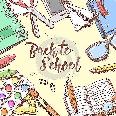 Back to School Doodle. Educational Concept. Hand Drawn Background with Books, Notebook and Pen Vector Illustration