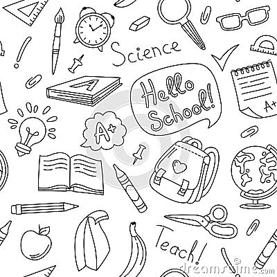 Back to School doodle line seamless pattern learning school objects scrapbook wallpaper print vector Vector Illustration