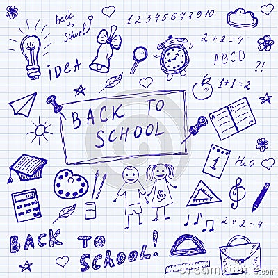 Back to school doodles. Hand drawn school icons set. Sketch school icons set. Vector illustration. Vector Illustration