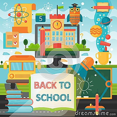 Back to School education banner with book, bus, lamp and education icons. Vector Flat Illustration. School Education Vector Illustration