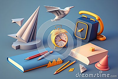 Back to school and education concept, alarm clock, notebook, pencils, paper plane, paper plane and bird on blue background Cartoon Illustration