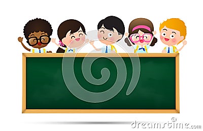 Back to school and education concept Happy cartoon kids in student uniform behind black board with copy space over white Vector Illustration