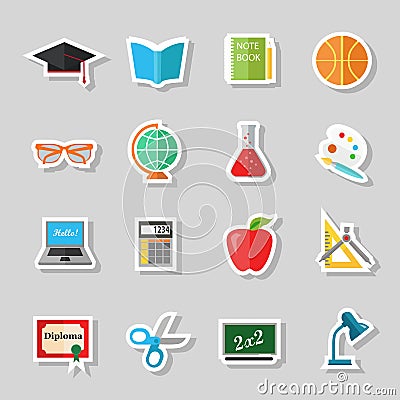 Back to school and education flat icons with computer, open book, desk, globe. Paper stickers elements. Vector Illustration