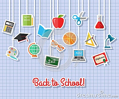 Back to school and education flat icons with computer, open book, desk, globe. Paper stickers elements. Vector Illustration