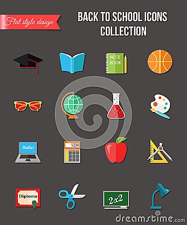 Back to school and education flat icons with computer, open book, desk, globe. Paper stickers elements. Vector Illustration