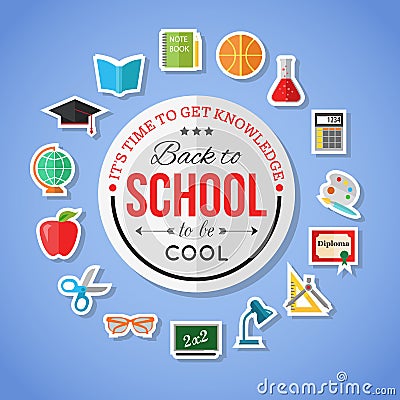Back to school and education flat icons with computer, open book, desk, globe. Paper stickers elements. Vector Illustration